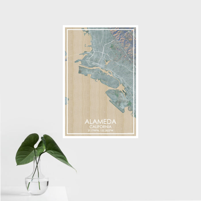 16x24 ALAMEDA California Map Print Portrait Orientation in Afternoon Style With Tropical Plant Leaves in Water