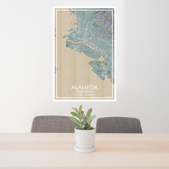 24x36 ALAMEDA California Map Print Portrait Orientation in Afternoon Style Behind 2 Chairs Table and Potted Plant
