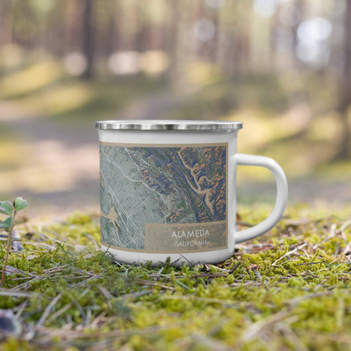 Right View Custom Alameda California Map Enamel Mug in Afternoon on Grass With Trees in Background