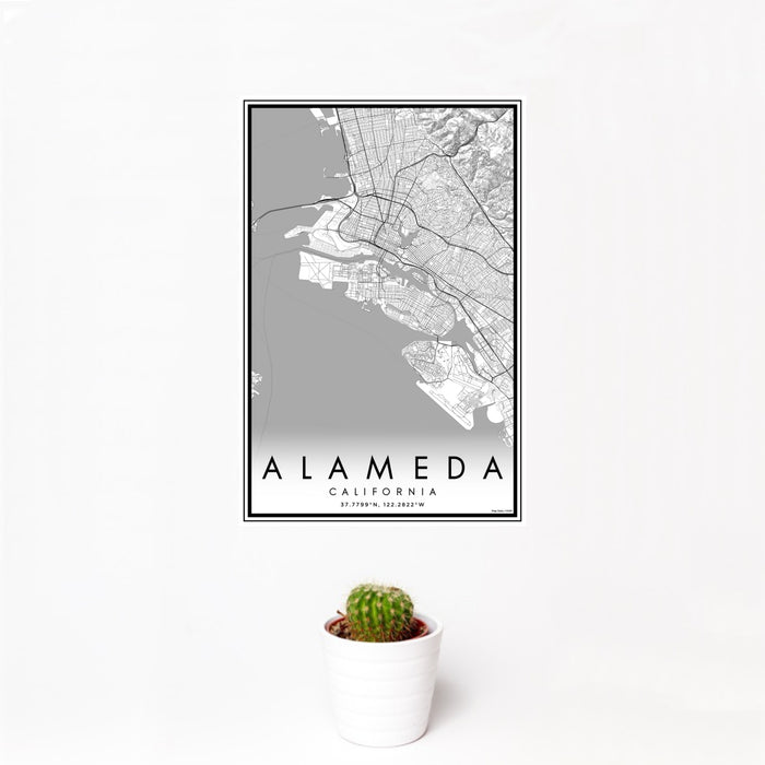 12x18 Alameda California Map Print Portrait Orientation in Classic Style With Small Cactus Plant in White Planter