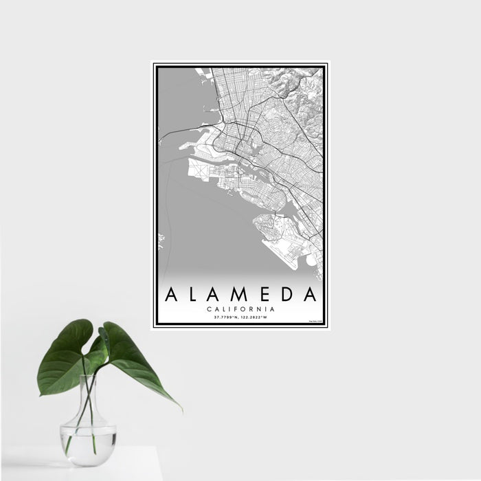 16x24 Alameda California Map Print Portrait Orientation in Classic Style With Tropical Plant Leaves in Water