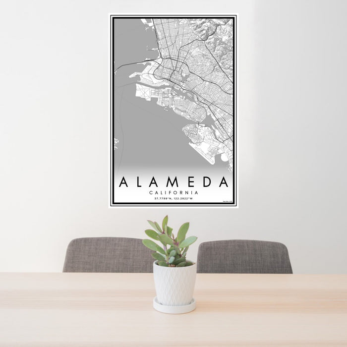 24x36 Alameda California Map Print Portrait Orientation in Classic Style Behind 2 Chairs Table and Potted Plant