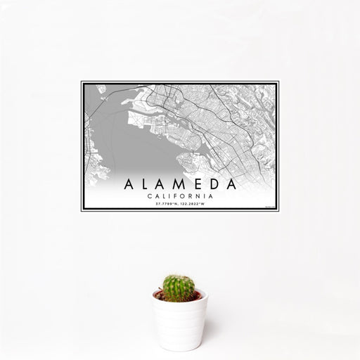 12x18 Alameda California Map Print Landscape Orientation in Classic Style With Small Cactus Plant in White Planter