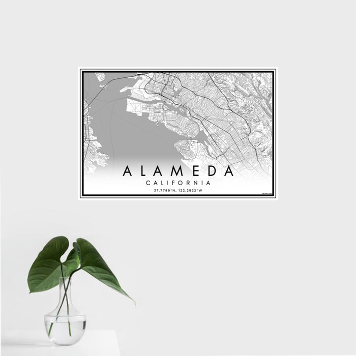16x24 Alameda California Map Print Landscape Orientation in Classic Style With Tropical Plant Leaves in Water