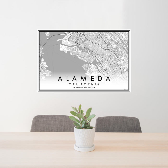 24x36 Alameda California Map Print Landscape Orientation in Classic Style Behind 2 Chairs Table and Potted Plant