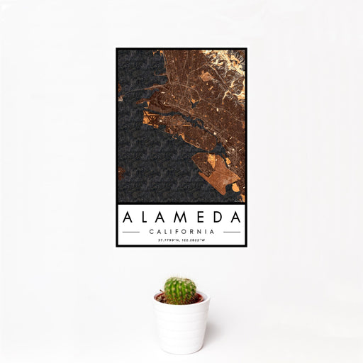 12x18 Alameda California Map Print Portrait Orientation in Ember Style With Small Cactus Plant in White Planter