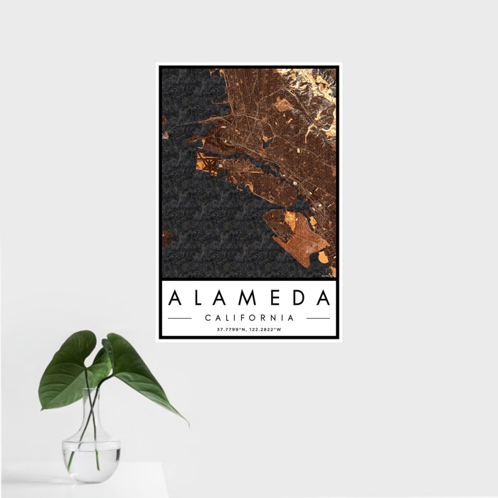 16x24 Alameda California Map Print Portrait Orientation in Ember Style With Tropical Plant Leaves in Water