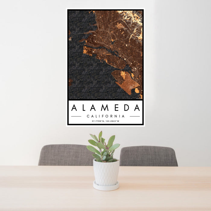 24x36 Alameda California Map Print Portrait Orientation in Ember Style Behind 2 Chairs Table and Potted Plant