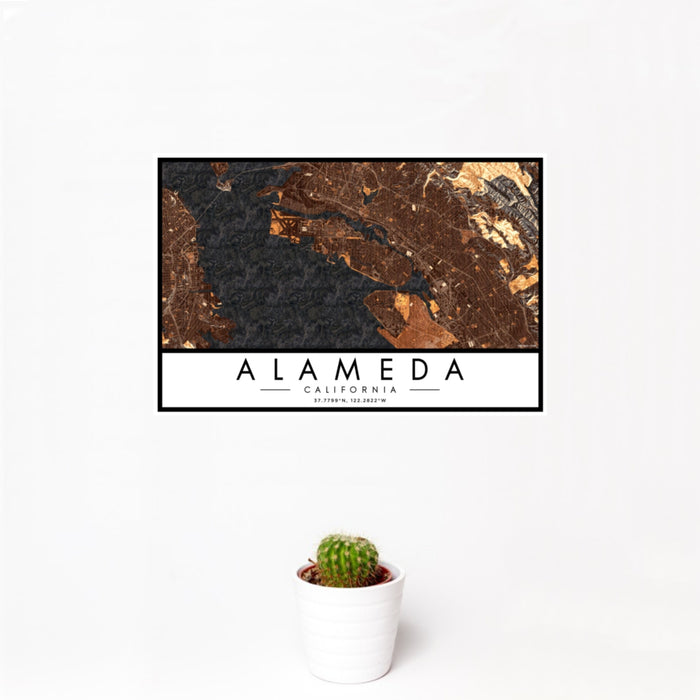 12x18 Alameda California Map Print Landscape Orientation in Ember Style With Small Cactus Plant in White Planter