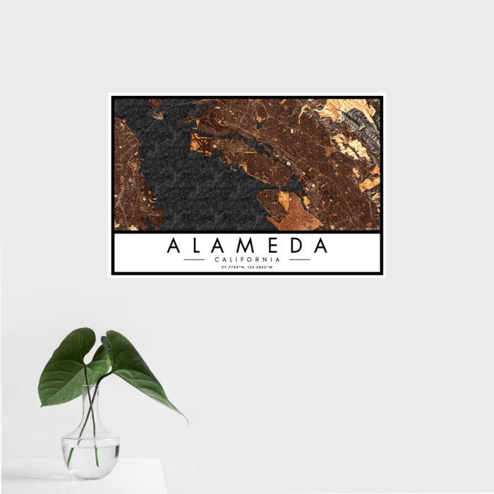16x24 Alameda California Map Print Landscape Orientation in Ember Style With Tropical Plant Leaves in Water
