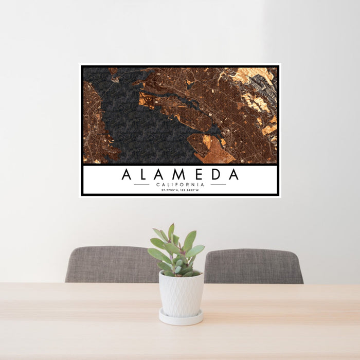 24x36 Alameda California Map Print Landscape Orientation in Ember Style Behind 2 Chairs Table and Potted Plant