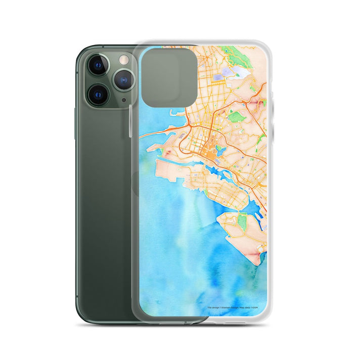 Custom Alameda California Map Phone Case in Watercolor on Table with Laptop and Plant