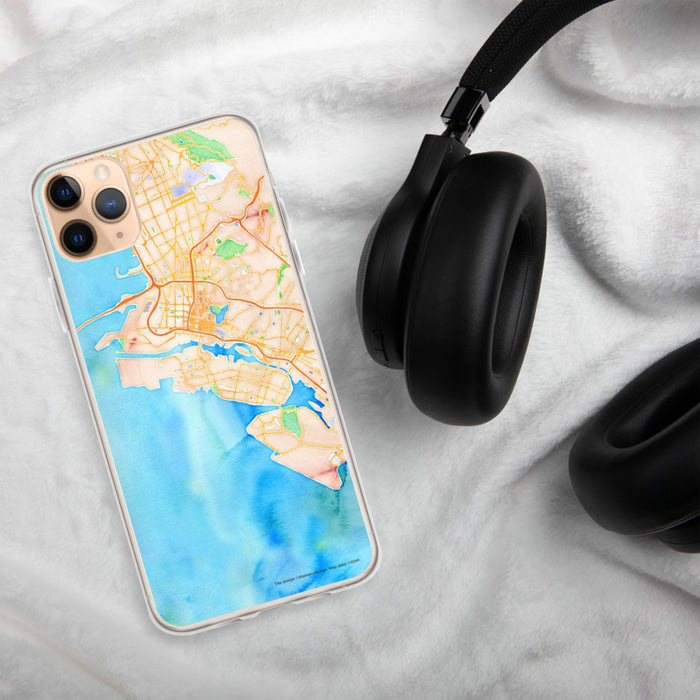 Custom Alameda California Map Phone Case in Watercolor on Table with Black Headphones