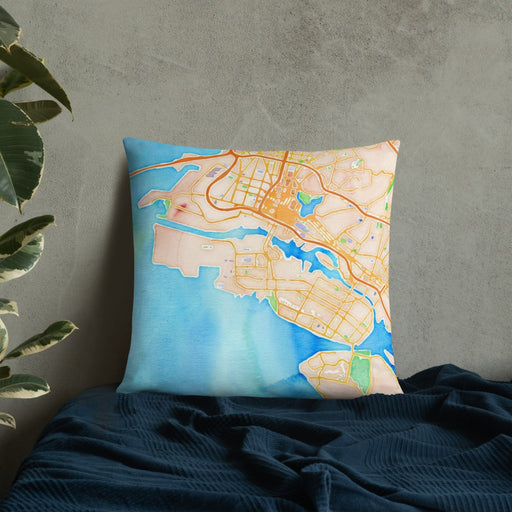 Custom Alameda California Map Throw Pillow in Watercolor on Bedding Against Wall