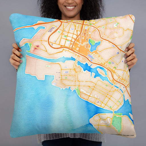 Person holding 22x22 Custom Alameda California Map Throw Pillow in Watercolor
