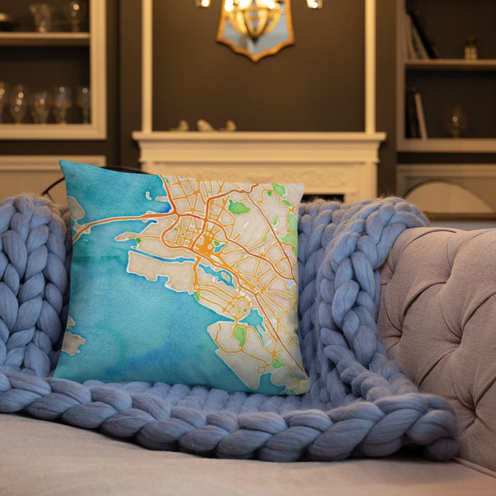 Custom Alameda California Map Throw Pillow in Watercolor on Cream Colored Couch