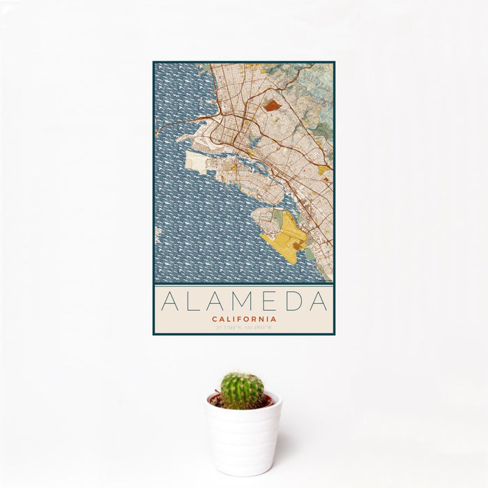 12x18 Alameda California Map Print Portrait Orientation in Woodblock Style With Small Cactus Plant in White Planter