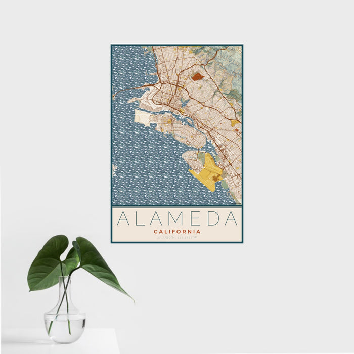 16x24 Alameda California Map Print Portrait Orientation in Woodblock Style With Tropical Plant Leaves in Water