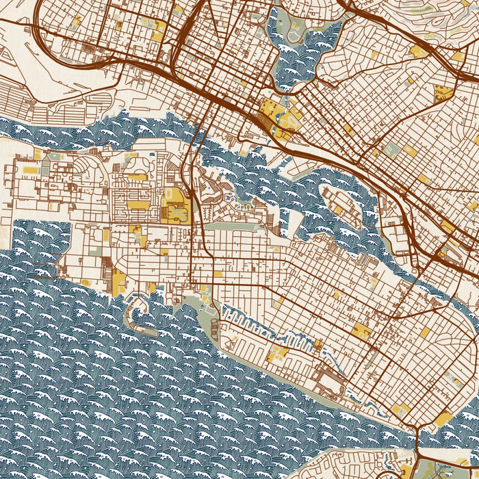 Alameda California Map Print in Woodblock Style Zoomed In Close Up Showing Details