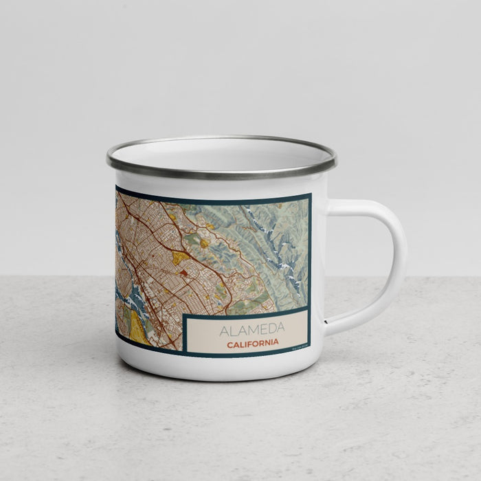 Right View Custom Alameda California Map Enamel Mug in Woodblock