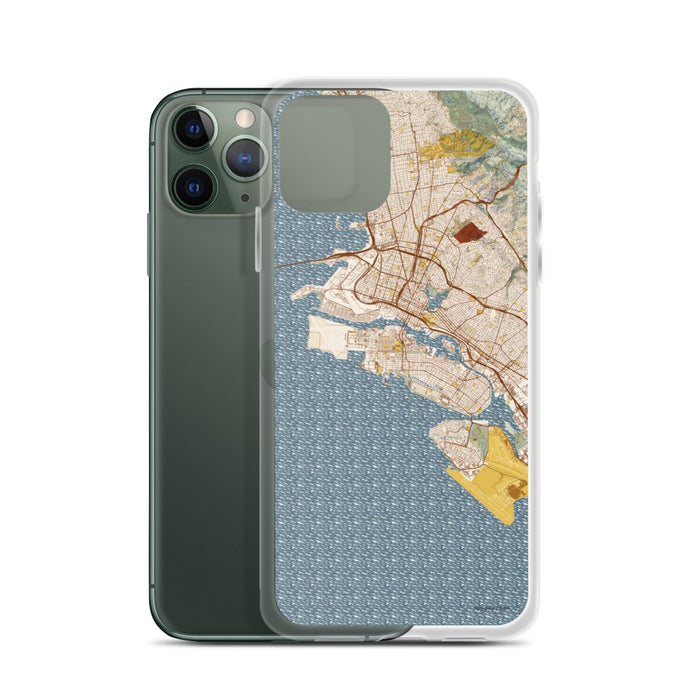 Custom Alameda California Map Phone Case in Woodblock on Table with Laptop and Plant