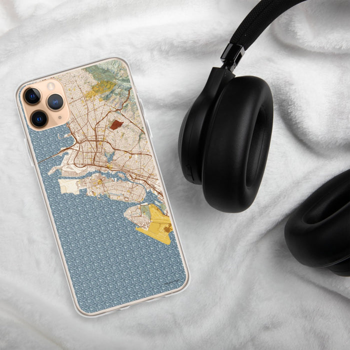 Custom Alameda California Map Phone Case in Woodblock on Table with Black Headphones
