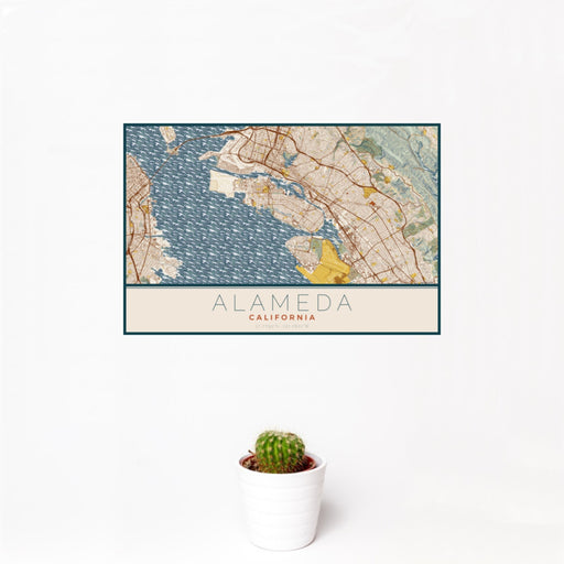 12x18 Alameda California Map Print Landscape Orientation in Woodblock Style With Small Cactus Plant in White Planter