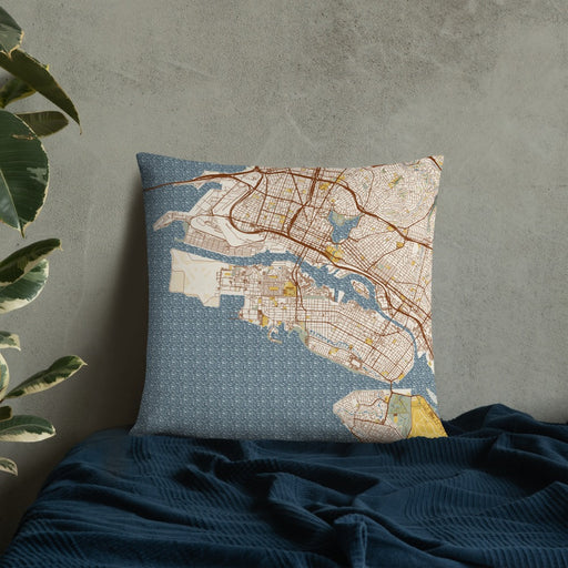 Custom Alameda California Map Throw Pillow in Woodblock on Bedding Against Wall