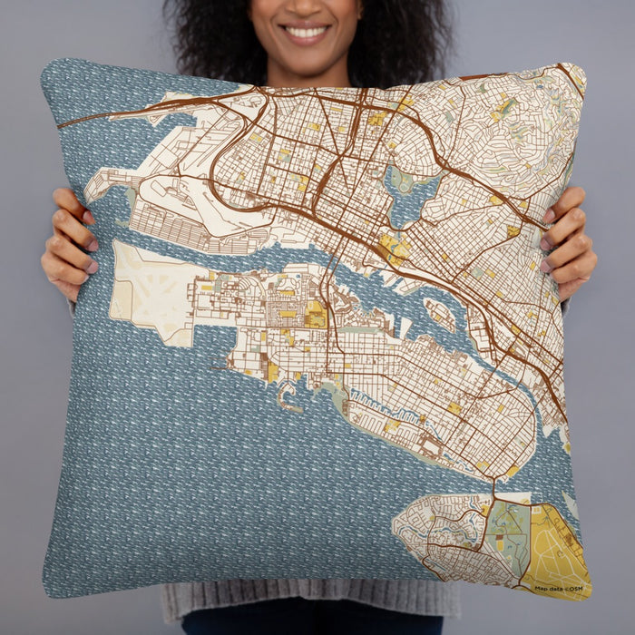 Person holding 22x22 Custom Alameda California Map Throw Pillow in Woodblock