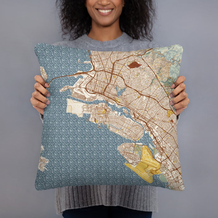 Person holding 18x18 Custom Alameda California Map Throw Pillow in Woodblock