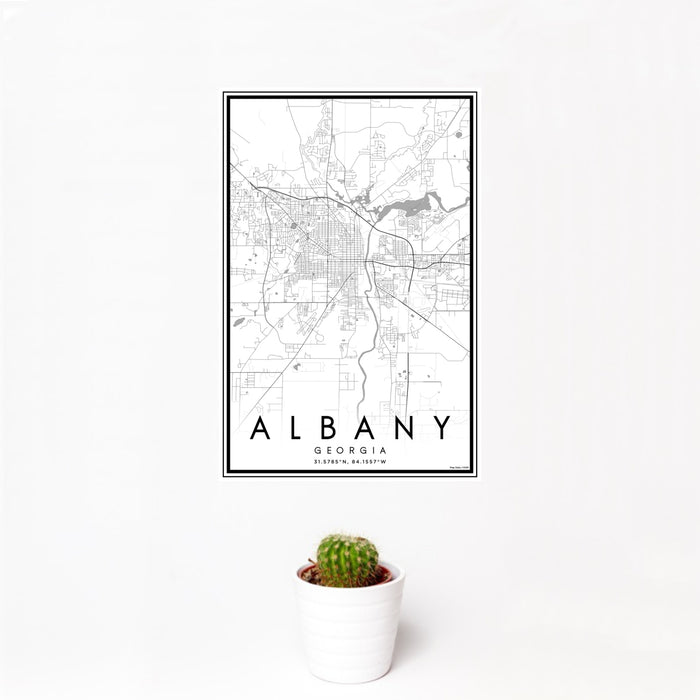12x18 Albany Georgia Map Print Portrait Orientation in Classic Style With Small Cactus Plant in White Planter