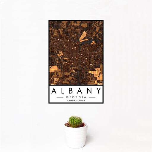 12x18 Albany Georgia Map Print Portrait Orientation in Ember Style With Small Cactus Plant in White Planter