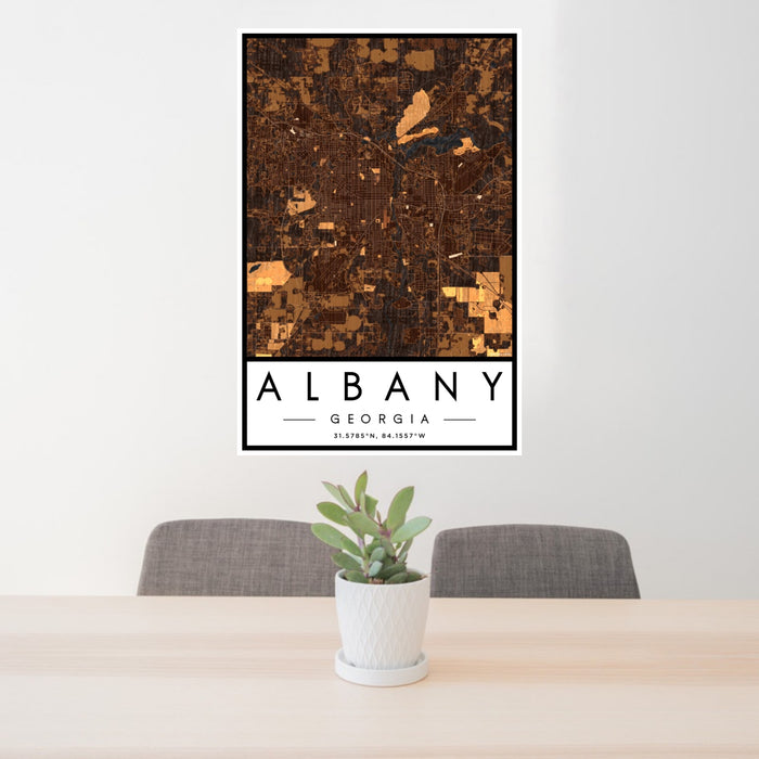 24x36 Albany Georgia Map Print Portrait Orientation in Ember Style Behind 2 Chairs Table and Potted Plant