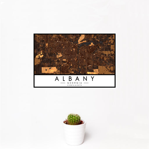 12x18 Albany Georgia Map Print Landscape Orientation in Ember Style With Small Cactus Plant in White Planter