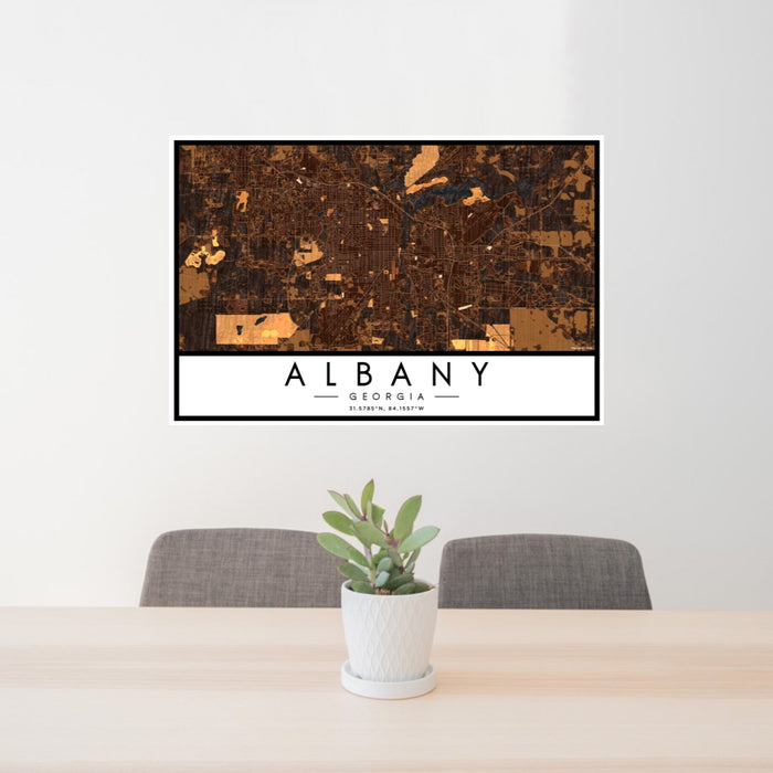 24x36 Albany Georgia Map Print Landscape Orientation in Ember Style Behind 2 Chairs Table and Potted Plant