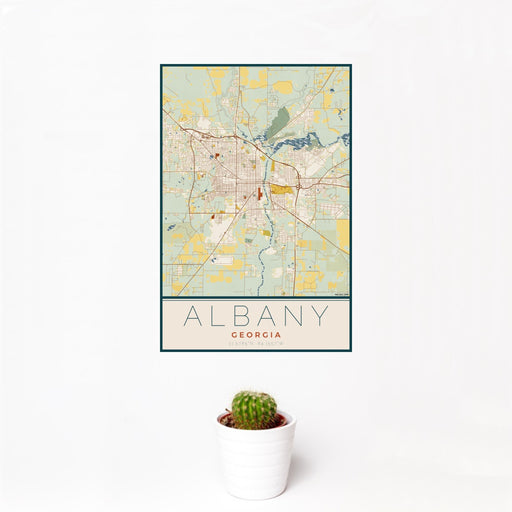 12x18 Albany Georgia Map Print Portrait Orientation in Woodblock Style With Small Cactus Plant in White Planter