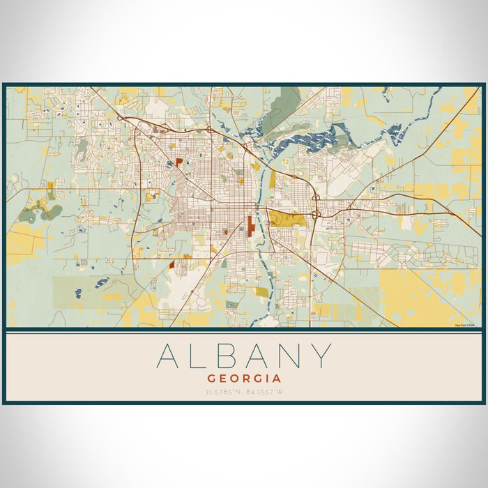 Albany Georgia Map Print Landscape Orientation in Woodblock Style With Shaded Background