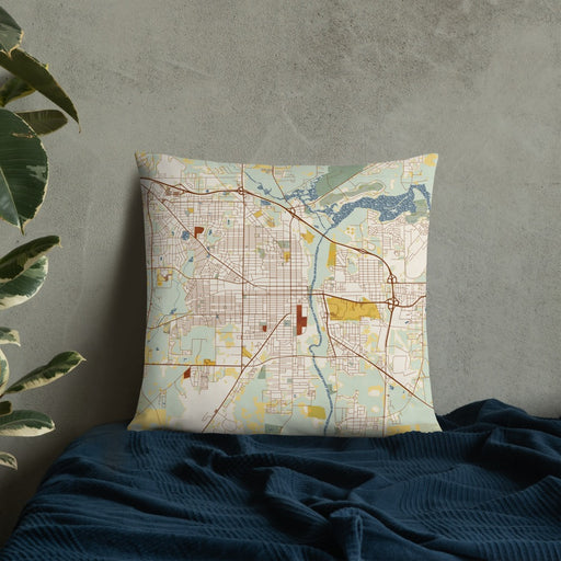 Custom Albany Georgia Map Throw Pillow in Woodblock on Bedding Against Wall