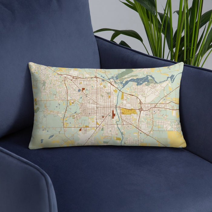 Custom Albany Georgia Map Throw Pillow in Woodblock on Blue Colored Chair