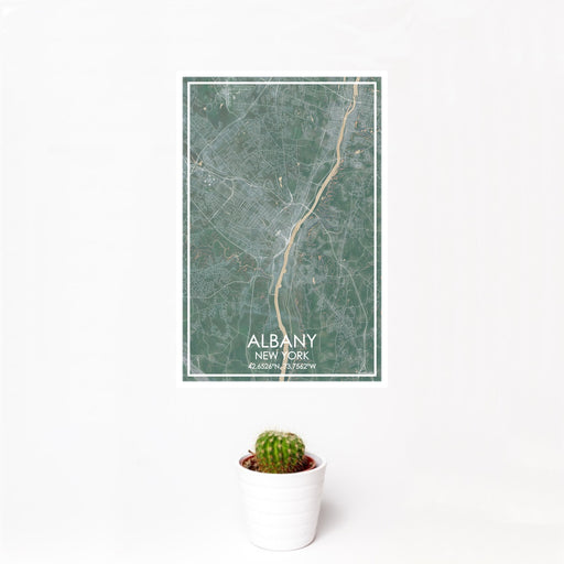 12x18 ALBANY New York Map Print Portrait Orientation in Afternoon Style With Small Cactus Plant in White Planter