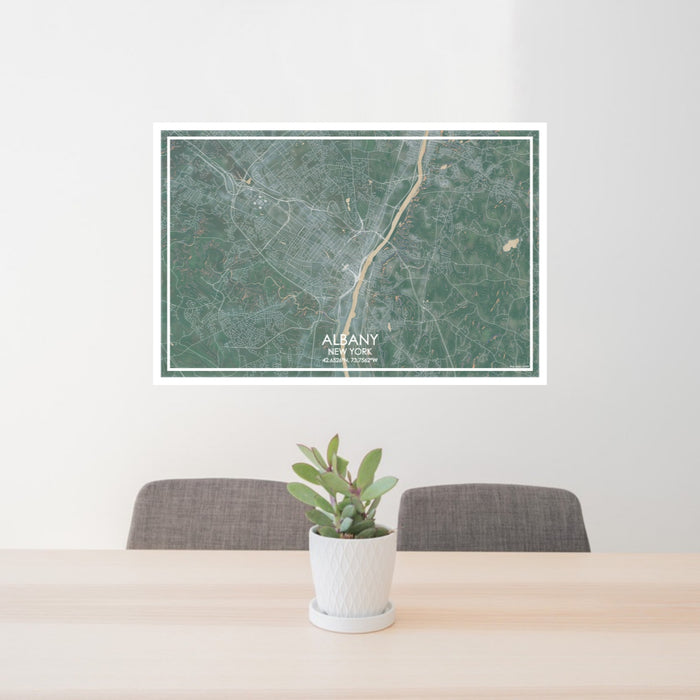 24x36 ALBANY New York Map Print Lanscape Orientation in Afternoon Style Behind 2 Chairs Table and Potted Plant