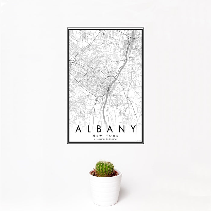12x18 Albany New York Map Print Portrait Orientation in Classic Style With Small Cactus Plant in White Planter