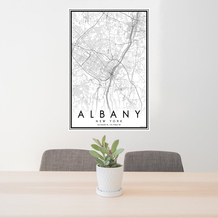 24x36 Albany New York Map Print Portrait Orientation in Classic Style Behind 2 Chairs Table and Potted Plant