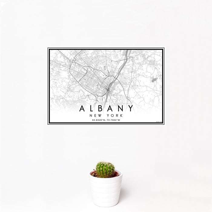 12x18 Albany New York Map Print Landscape Orientation in Classic Style With Small Cactus Plant in White Planter