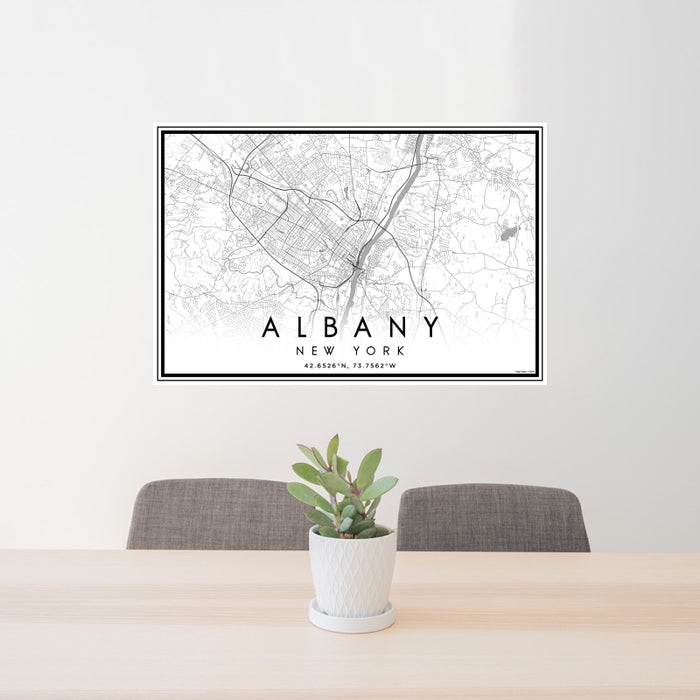 24x36 Albany New York Map Print Landscape Orientation in Classic Style Behind 2 Chairs Table and Potted Plant