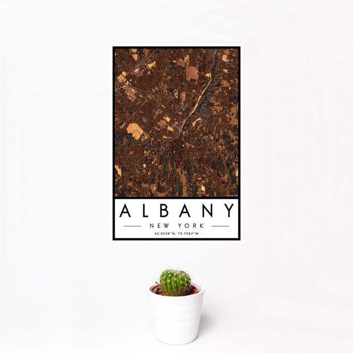 12x18 Albany New York Map Print Portrait Orientation in Ember Style With Small Cactus Plant in White Planter