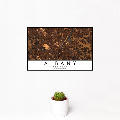 12x18 Albany New York Map Print Landscape Orientation in Ember Style With Small Cactus Plant in White Planter