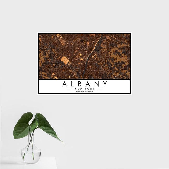 16x24 Albany New York Map Print Landscape Orientation in Ember Style With Tropical Plant Leaves in Water
