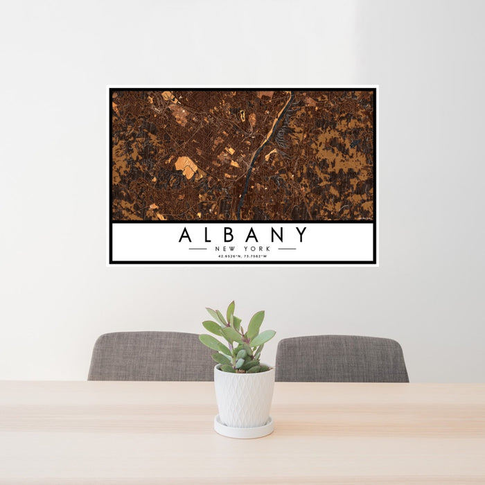 24x36 Albany New York Map Print Landscape Orientation in Ember Style Behind 2 Chairs Table and Potted Plant