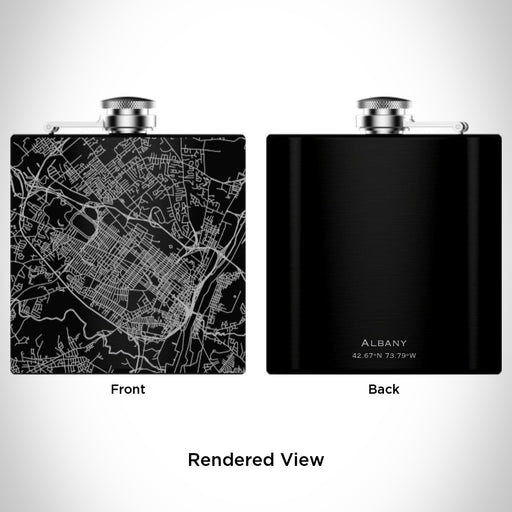 Rendered View of Albany New York Map Engraving on 6oz Stainless Steel Flask in Black